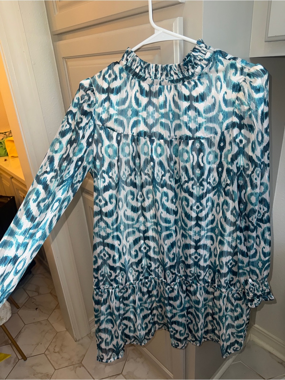 Teal and White Ikat Print Long Sleeve Dress